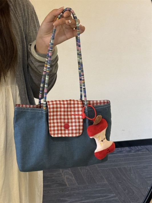 New 2025 Large Capacity Cowboy Single Shoulder Handheld Checkered Canvas Bag Versatile Commuter Retro Leisure Tote Bag for Women