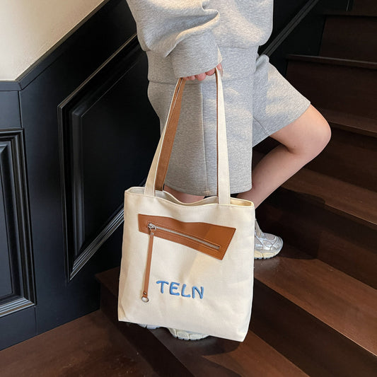 Korean casual college style canvas bag, women's seasonal new fashion tote bag, casual large capacity shoulder bag