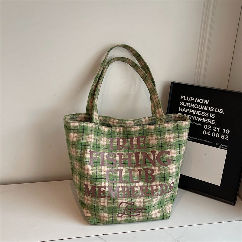 Fashionable canvas plaid tote bag for women, large capacity student class handbag, new letter printed shoulder bag