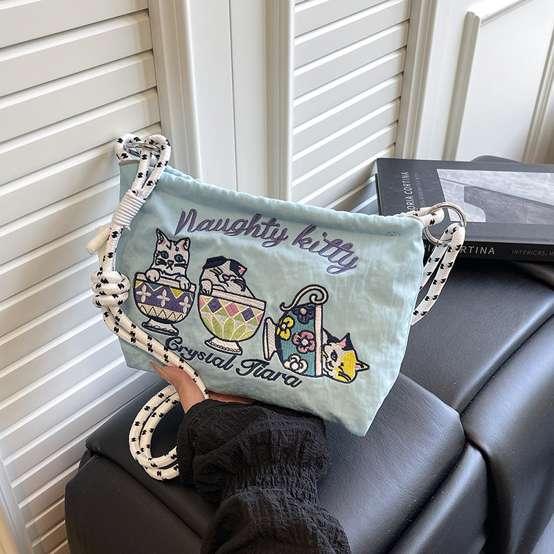 Summer Teacup Cat Crossbody Women's Bag 2025 New Embroidered Nylon Cloth Shoulder Bag