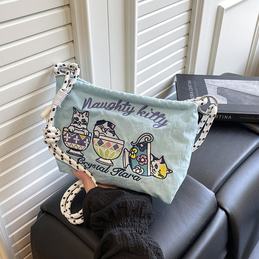 Summer Teacup Cat Crossbody Women's Bag 2025 New Embroidered Nylon Cloth Shoulder Bag