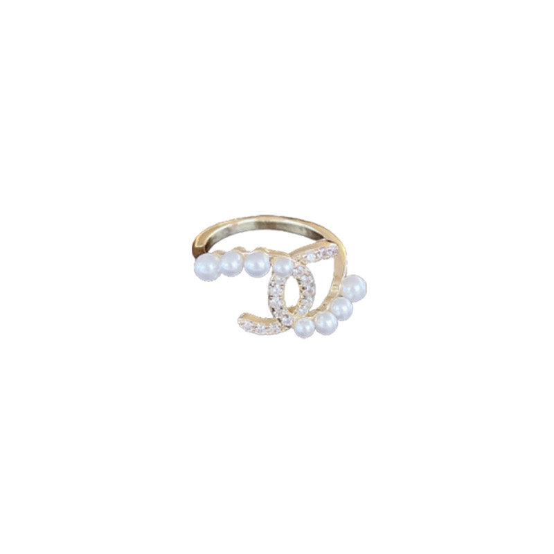 Golden Pearl Ring for Women Double C Ring