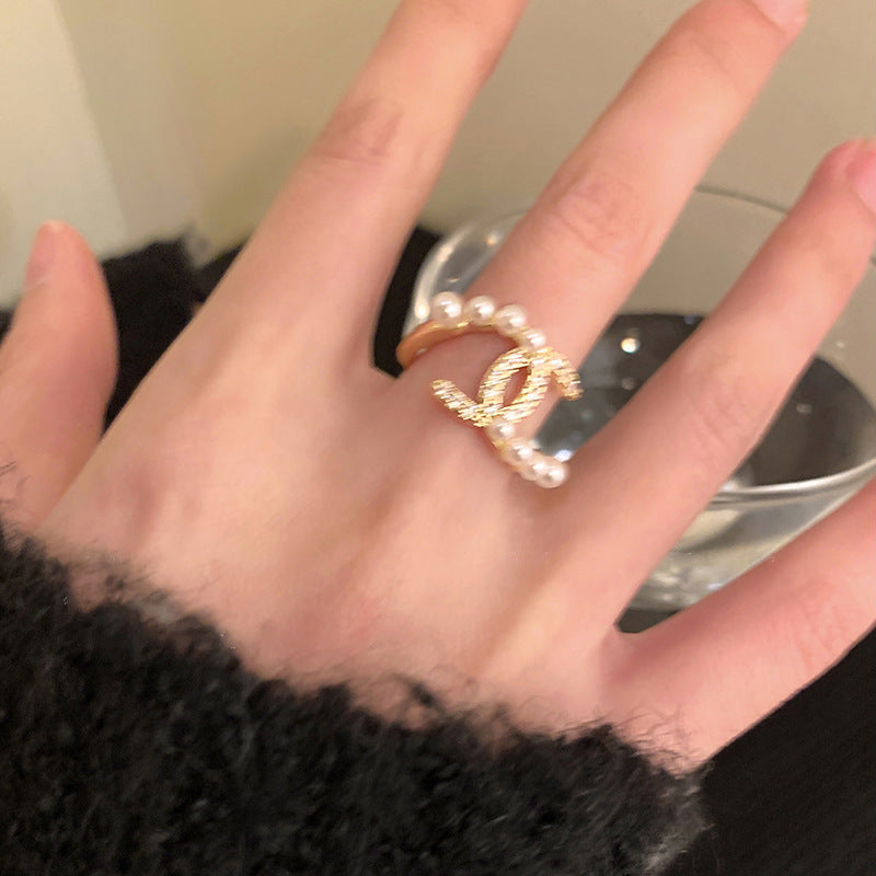 Golden Pearl Ring for Women Double C Ring
