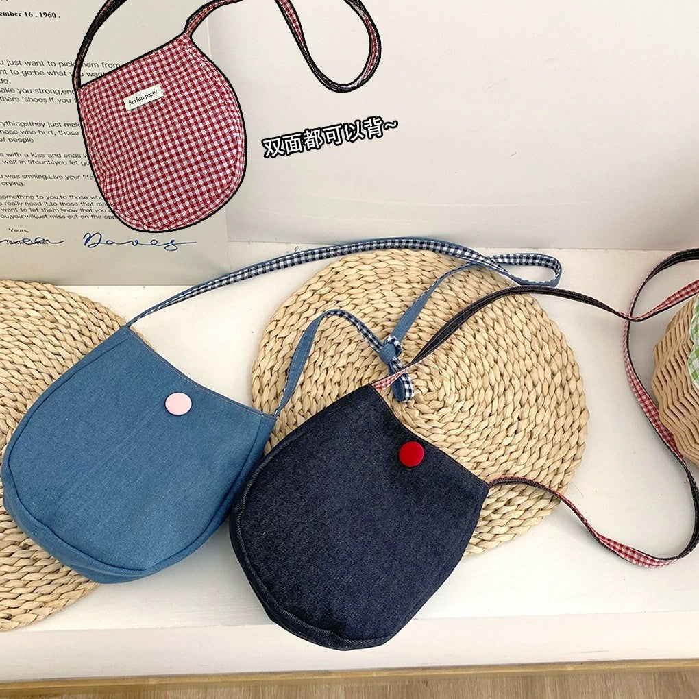 Simple mobile phone bag for women; versatile denim crossbody bag with Japanese plaid pattern on both sides