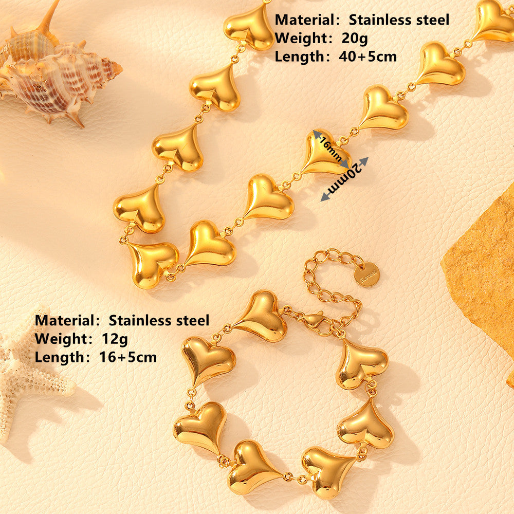 Gold Necklace and Bracelets for Women Sets Glossy Heart-shaped Jewelry Set