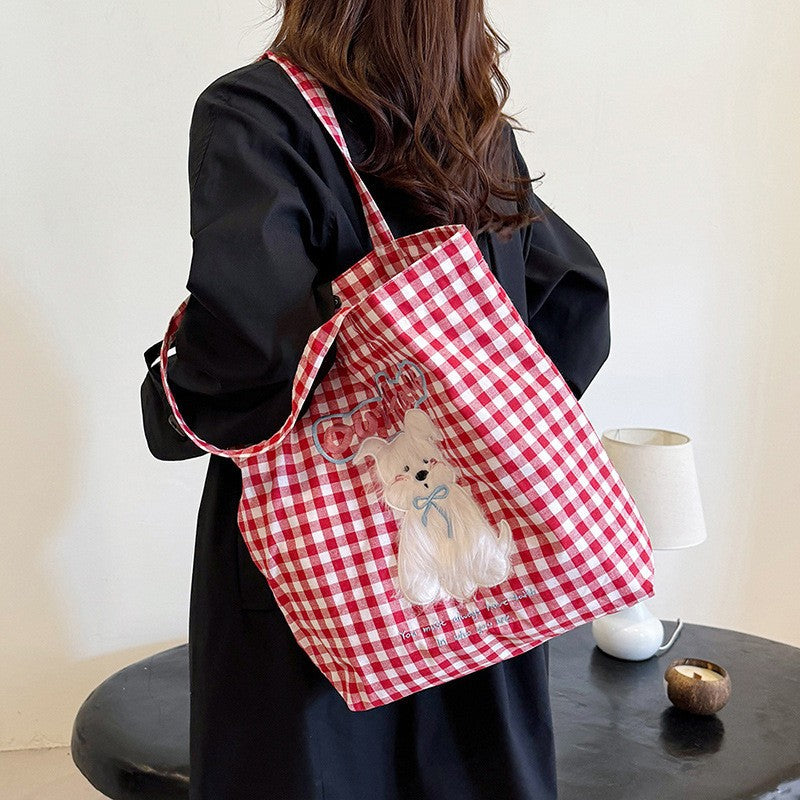 Cute plush dog embroidered shoulder bag, checkered canvas bag, casual and versatile, large capacity student backpack