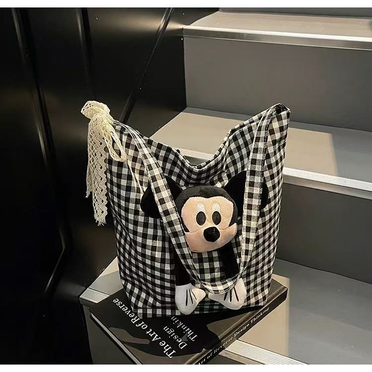 Cartoon striped Mickey canvas bag for women 2025 cute new fashion single shoulder large capacity commuting tote