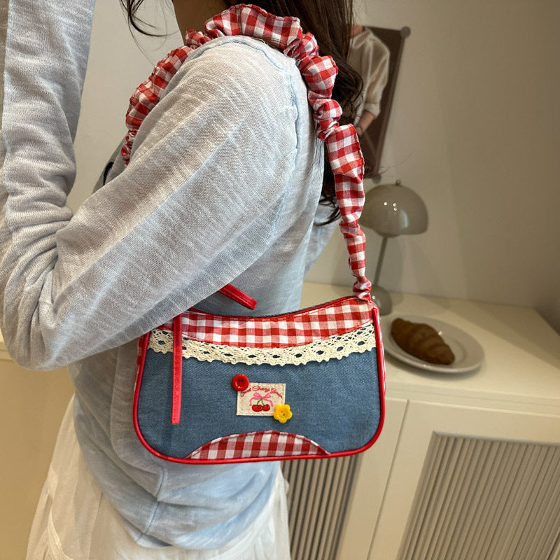 Cute and versatile shoulder bag, plaid small fresh hand-held commuting bag, niche design, large capacity casual armpit bag