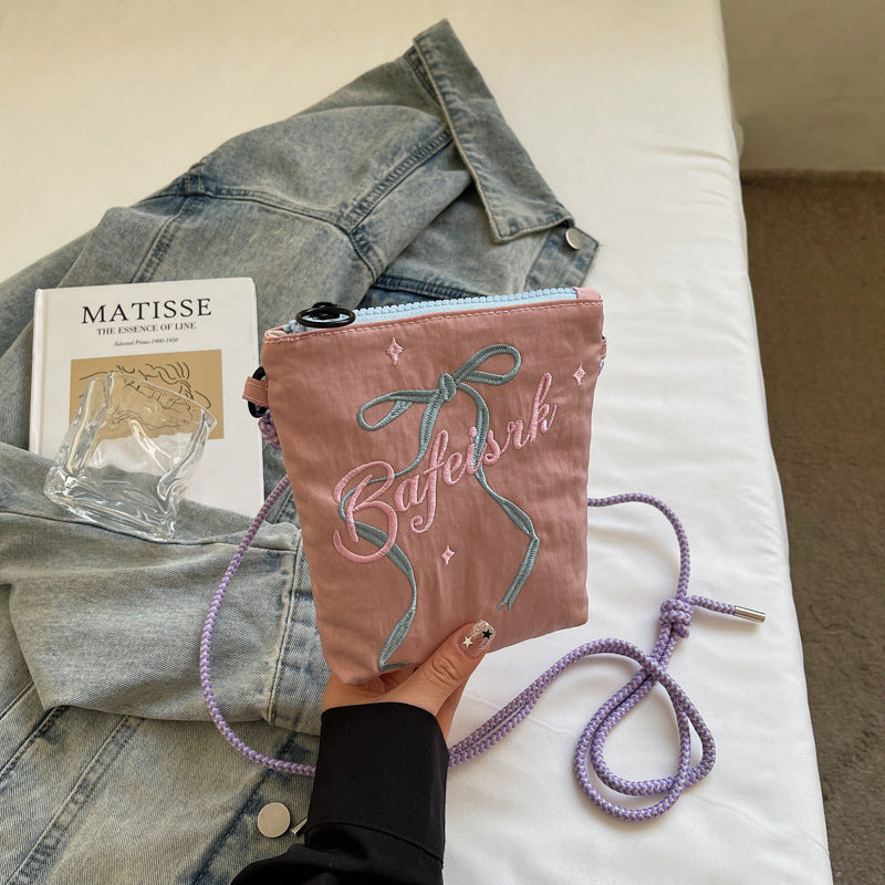 Niche design letter printed shoulder bag ballet style bow embroidered crossbody bag daily commuting small shoulder bag