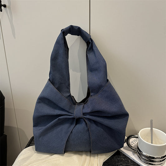 Simple Handheld Bow Bag Women's Bag 2025 New Denim Shoulder Bag Casual Underarm Bag