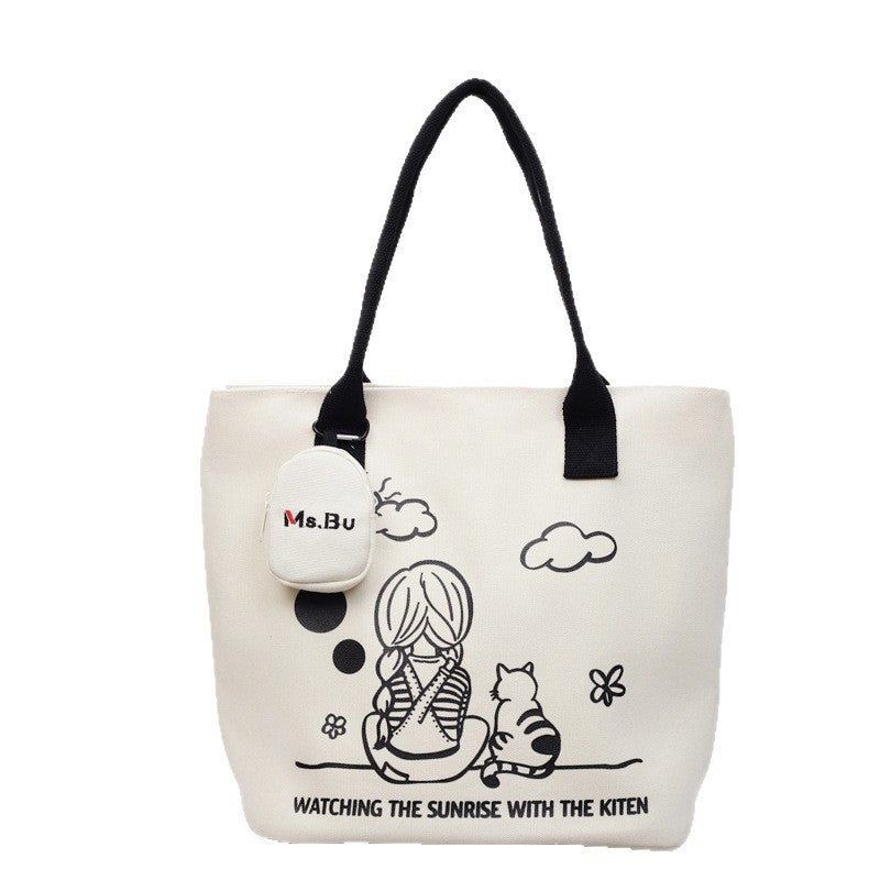 Korean printed canvas bag, women's versatile casual handbag, 2025 new model, is a brush order large capacity shoulder bag