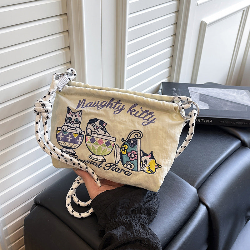 Summer Teacup Cat Crossbody Women's Bag 2025 New Embroidered Nylon Cloth Shoulder Bag