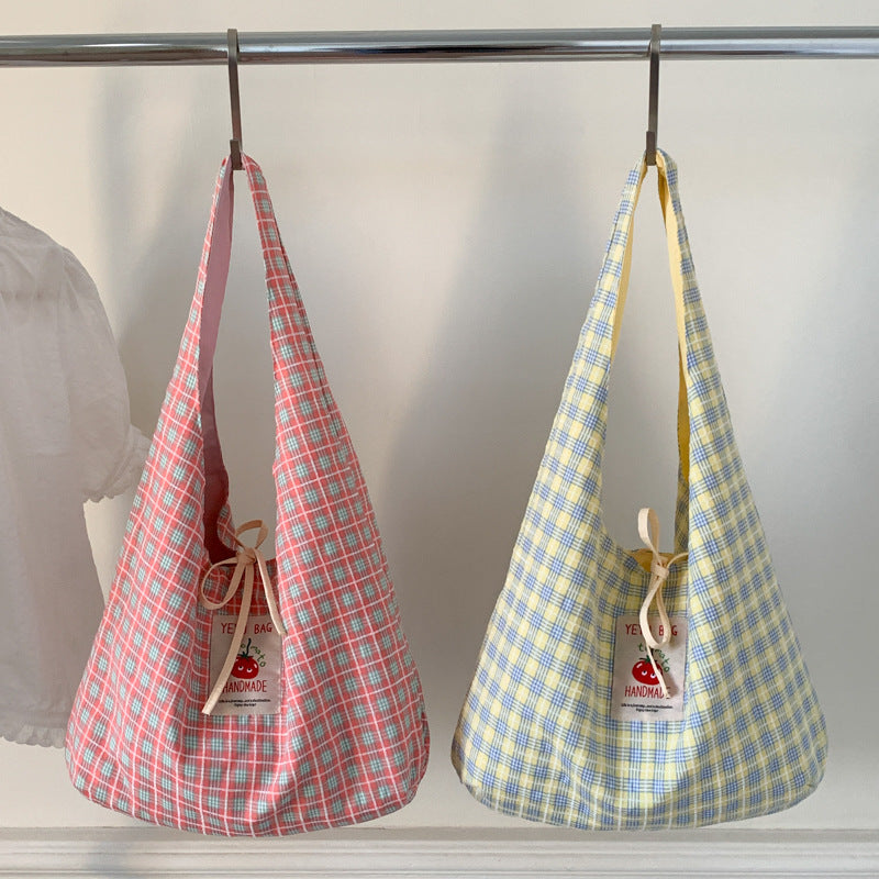 Summer versatile bag, female core, cute cherry red checkered canvas bag, student shoulder bag, crossbody commuting checkered bag