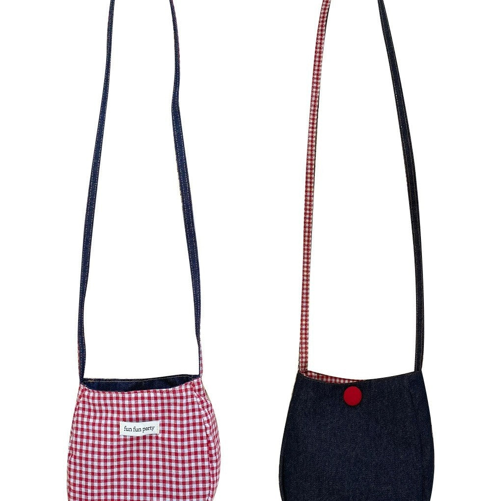 Simple mobile phone bag for women; versatile denim crossbody bag with Japanese plaid pattern on both sides
