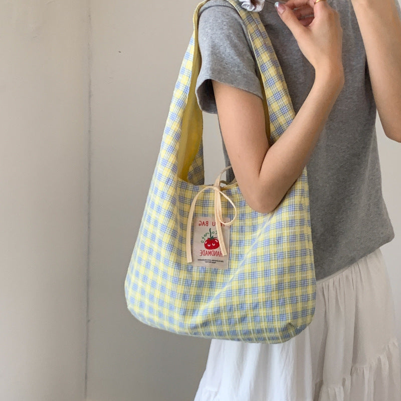 Summer versatile bag, female core, cute cherry red checkered canvas bag, student shoulder bag, crossbody commuting checkered bag