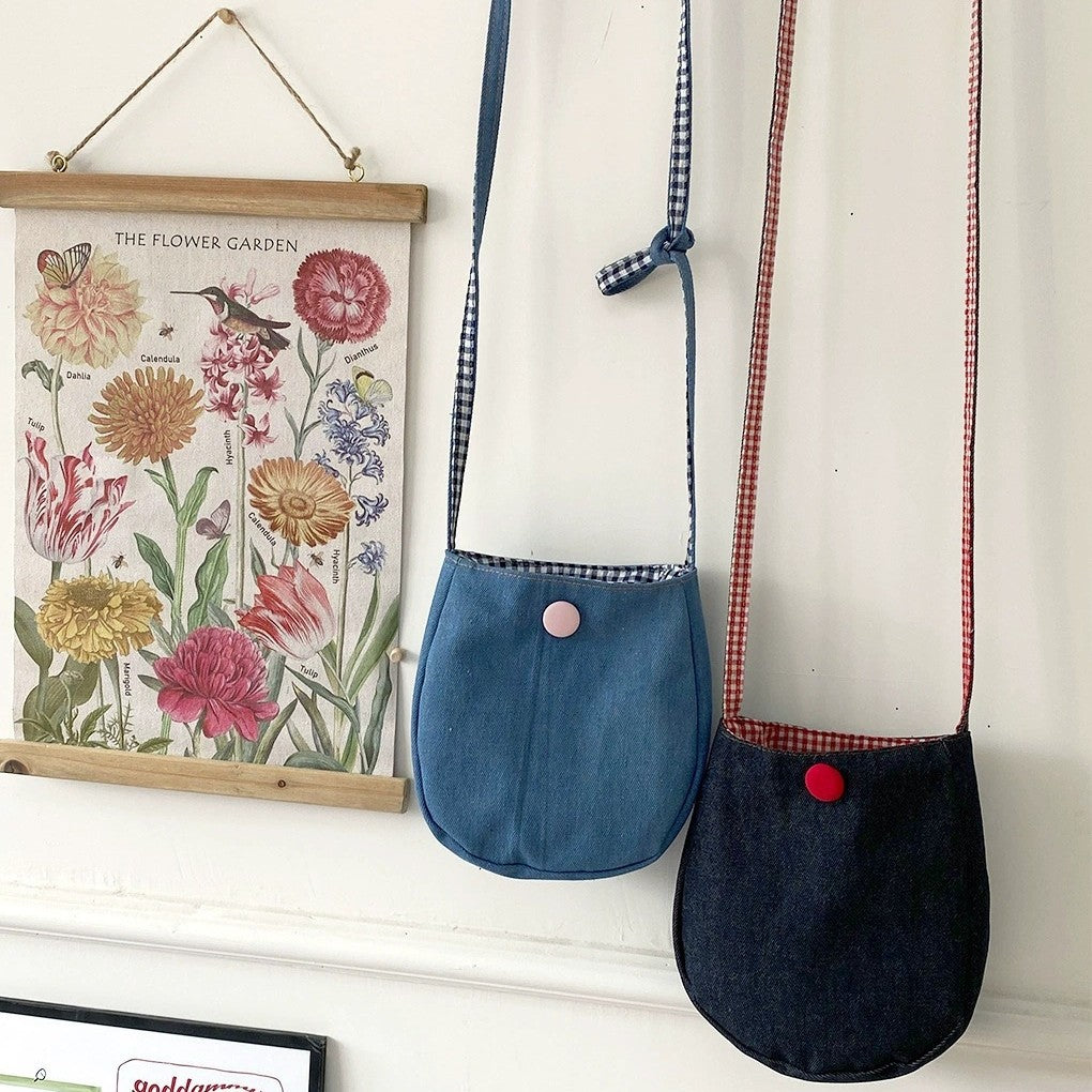 Simple mobile phone bag for women; versatile denim crossbody bag with Japanese plaid pattern on both sides