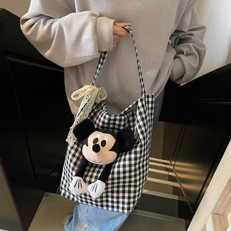 Cartoon striped Mickey canvas bag for women 2025 cute new fashion single shoulder large capacity commuting tote