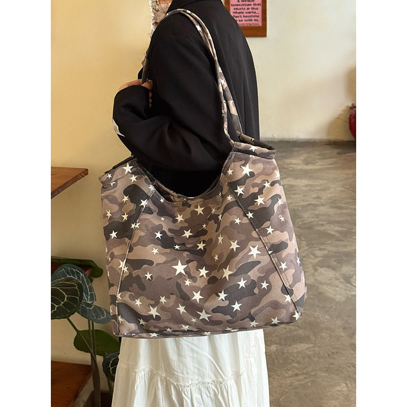 Retro Camouflage Tote Bag for Women 2025 New Large Capacity Commuter Shoulder Bag, Casual Versatile Canvas Bag