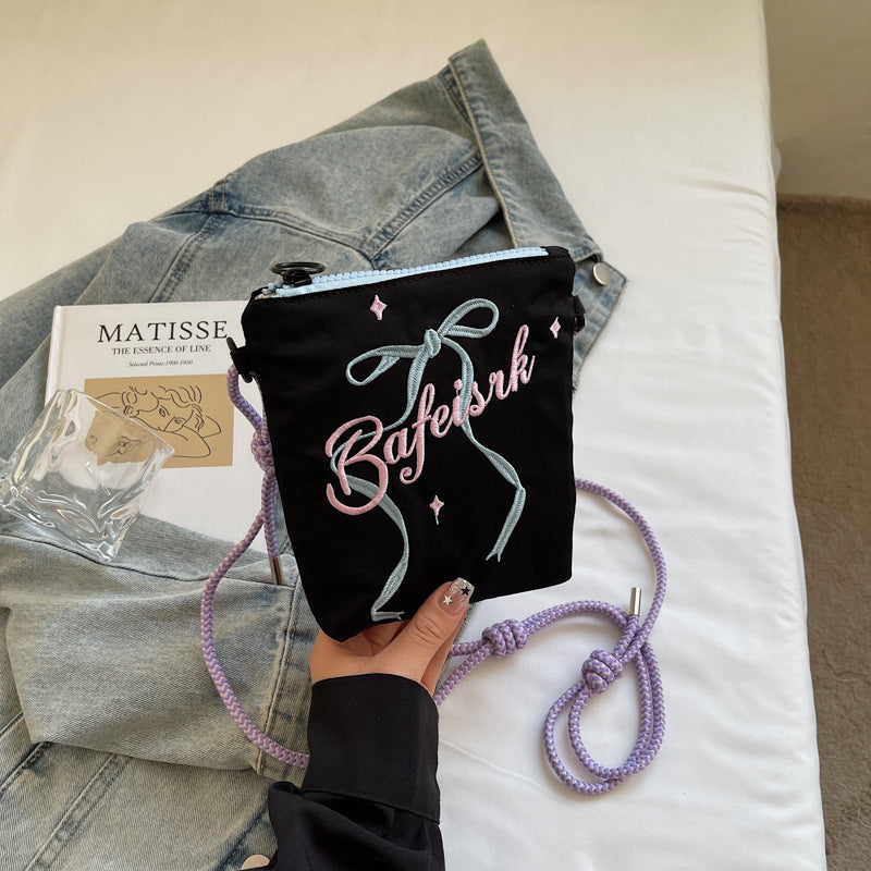 Niche design letter printed shoulder bag ballet style bow embroidered crossbody bag daily commuting small shoulder bag