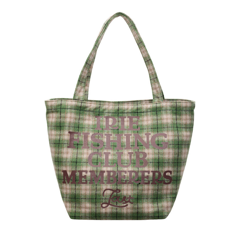 Fashionable canvas plaid tote bag for women, large capacity student class handbag, new letter printed shoulder bag