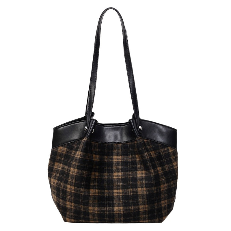2025 Autumn New Korean Retro Handheld Shoulder Bag, niche fashion design, plaid large capacity tote bag