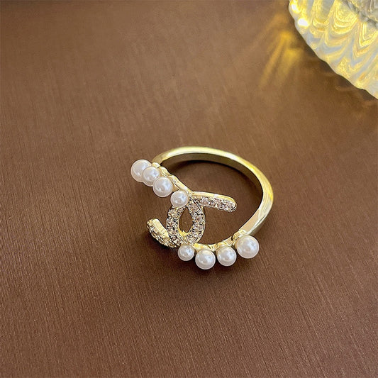 Golden Pearl Ring for Women Double C Ring