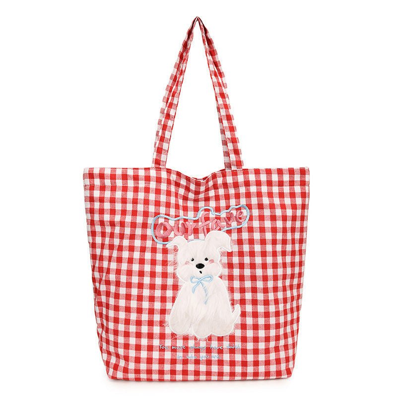 Cute plush dog embroidered shoulder bag, checkered canvas bag, casual and versatile, large capacity student backpack