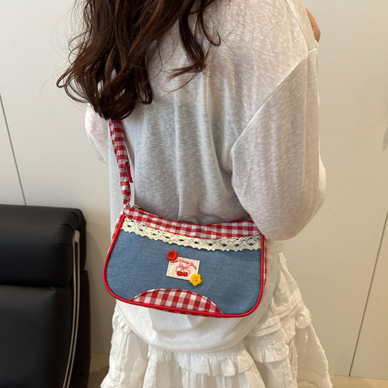 Cute and versatile shoulder bag, plaid small fresh hand-held commuting bag, niche design, large capacity casual armpit bag