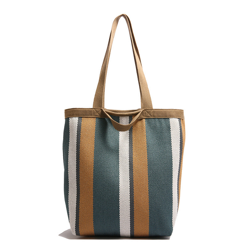 2025 New Stripe Contrast Handheld Women's Bag Large Capacity Fashion Commuter Versatile Shoulder Bag Knitted Fabric Korean Edition Tote Bag