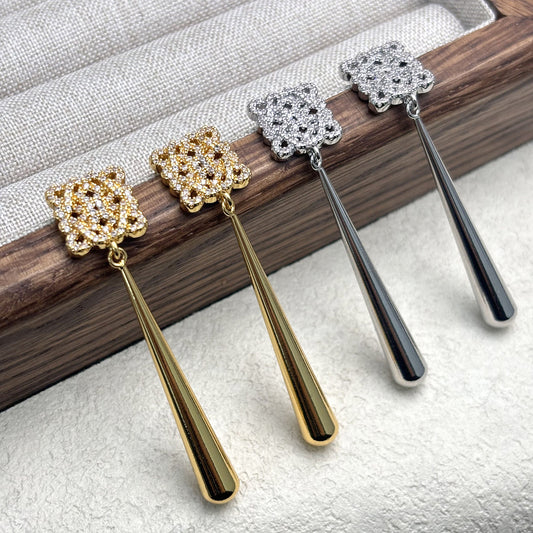Gold Earrings for Women Long Rhombus Carved Flowers Earrings