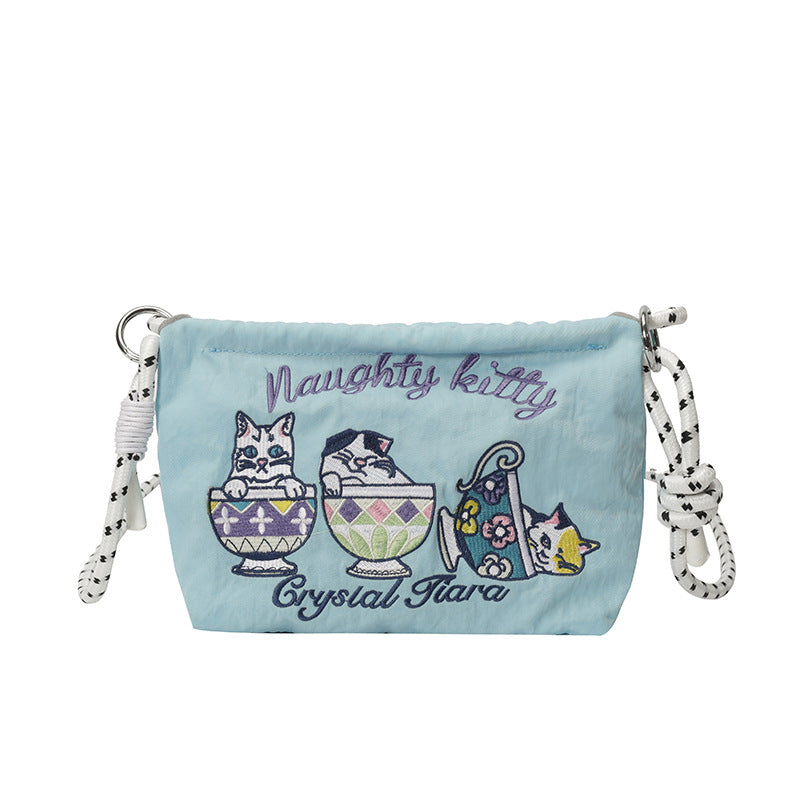 Summer Teacup Cat Crossbody Women's Bag 2025 New Embroidered Nylon Cloth Shoulder Bag