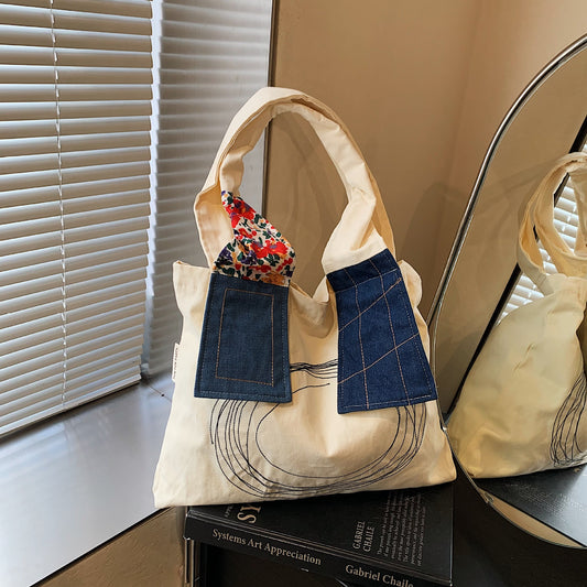 Autumn New Canvas Bag for Female Students Retro Splicing Shoulder Bag Japanese Large Capacity Shopping Bag Fashion Tote Bag