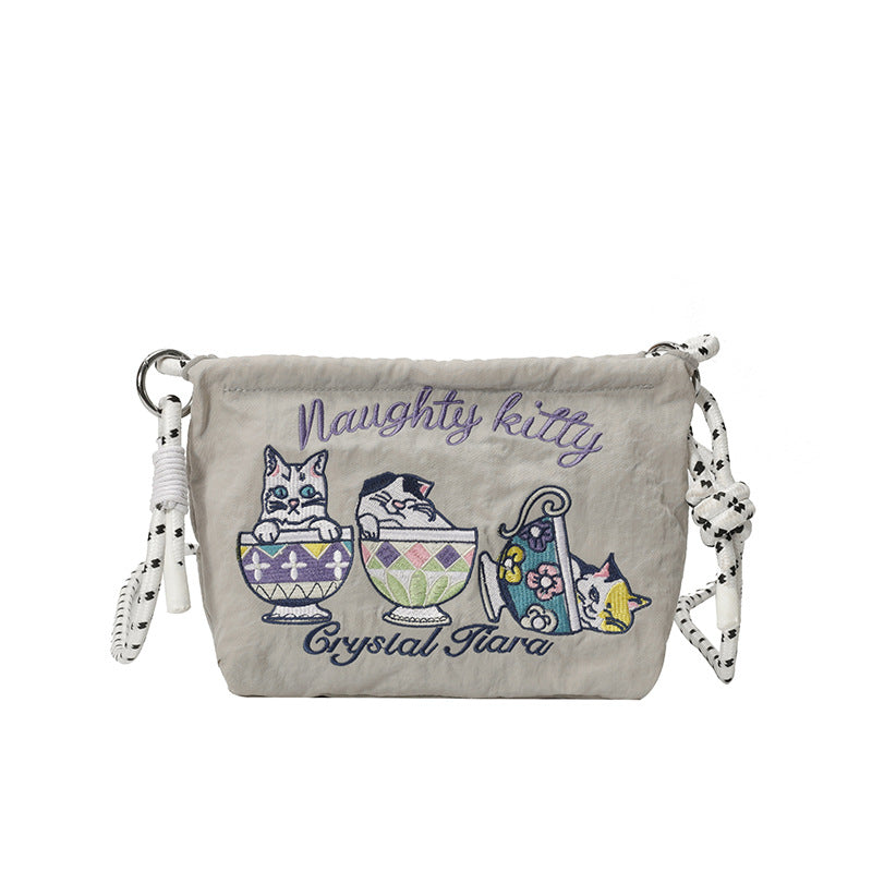 Summer Teacup Cat Crossbody Women's Bag 2025 New Embroidered Nylon Cloth Shoulder Bag