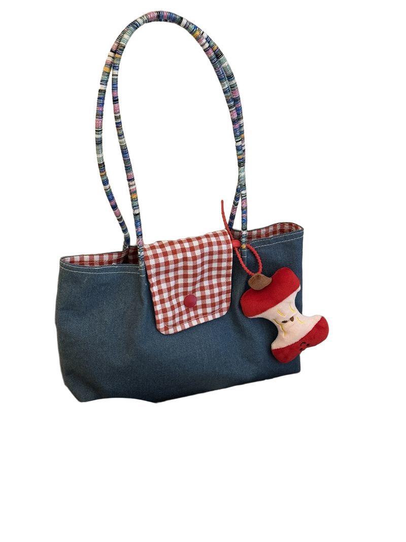 New 2025 Large Capacity Cowboy Single Shoulder Handheld Checkered Canvas Bag Versatile Commuter Retro Leisure Tote Bag for Women