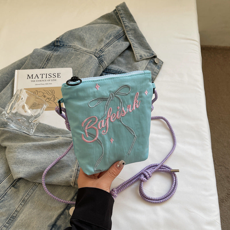 Niche design letter printed shoulder bag ballet style bow embroidered crossbody bag daily commuting small shoulder bag