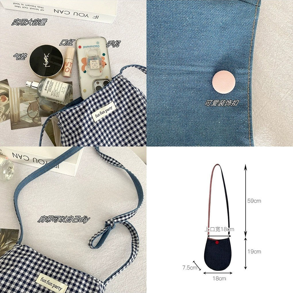 Simple mobile phone bag for women; versatile denim crossbody bag with Japanese plaid pattern on both sides