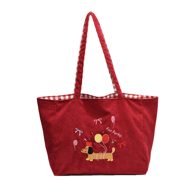 Self cute embroidered hand-held shoulder bag, large capacity tote bag, autumn and winter new corduroy plaid dual-use women's bag