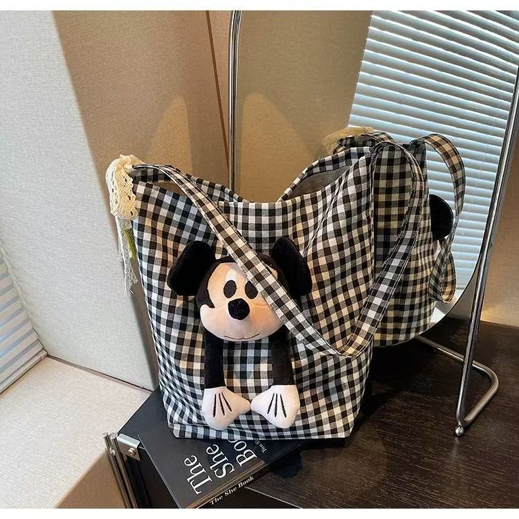 Cartoon striped Mickey canvas bag for women 2025 cute new fashion single shoulder large capacity commuting tote