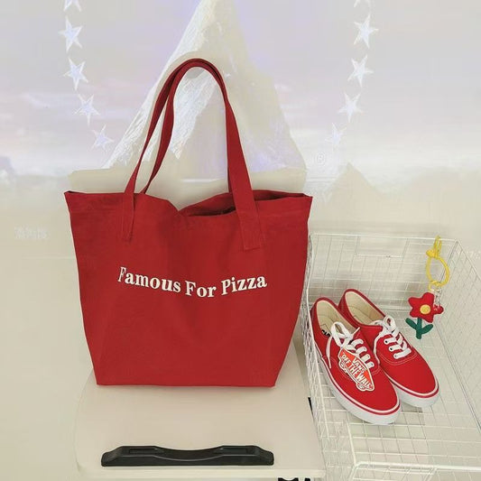 Small niche red canvas bag 2025 new casual letter printed canvas shoulder bag large capacity student tote bag