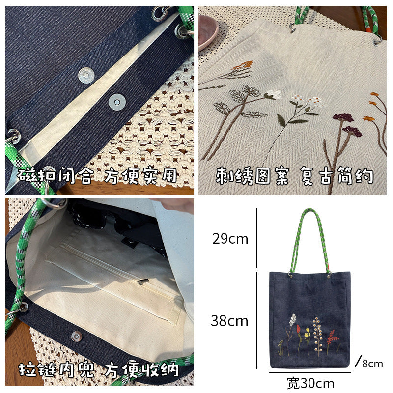 New Retro Embroidered Denim Sail Bunsen Series Large Capacity Single Shoulder Commuter Fashion Bag for Women