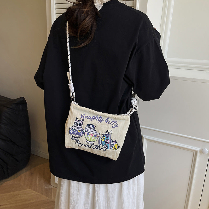Summer Teacup Cat Crossbody Women's Bag 2025 New Embroidered Nylon Cloth Shoulder Bag