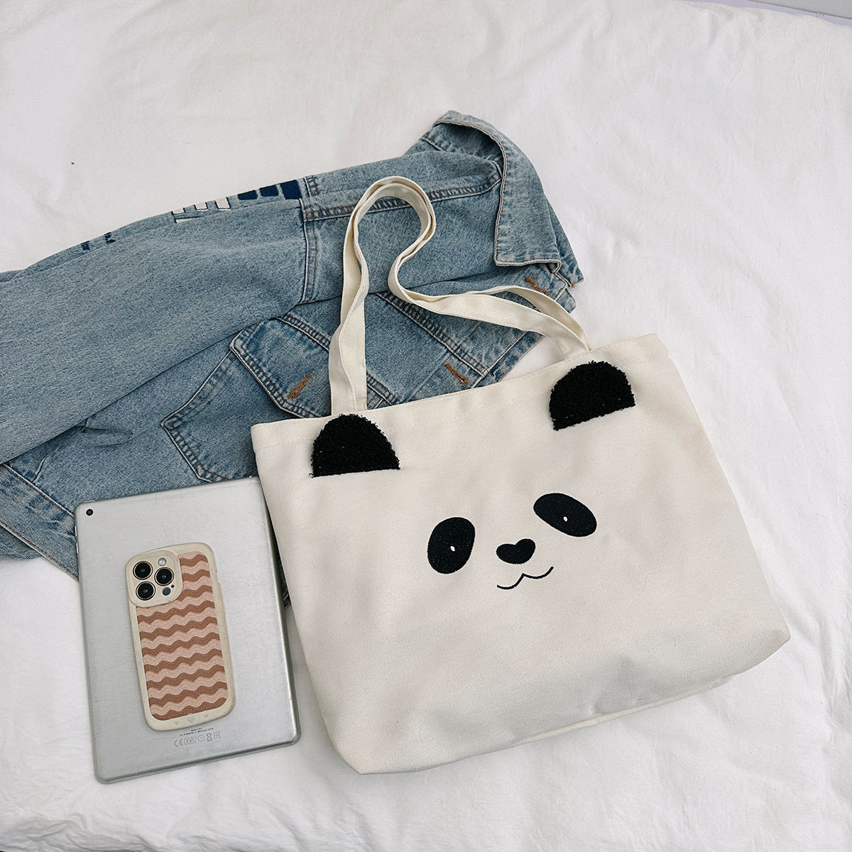 2025 new canvas tote bag, women's bag, panda shopping, large capacity single shoulder handbag, crossbody casual travel essential