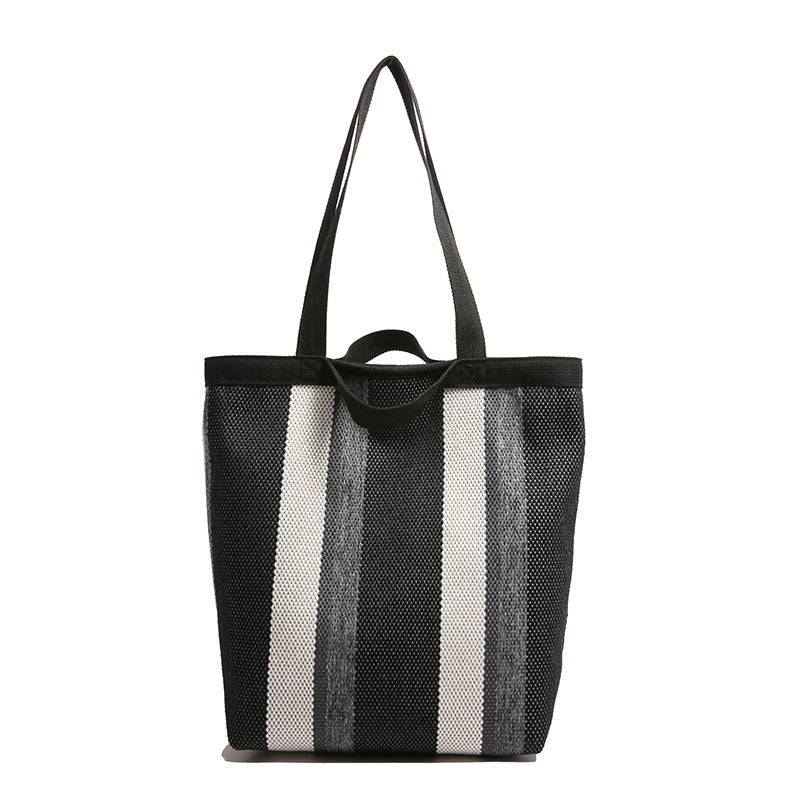 2025 New Stripe Contrast Handheld Women's Bag Large Capacity Fashion Commuter Versatile Shoulder Bag Knitted Fabric Korean Edition Tote Bag