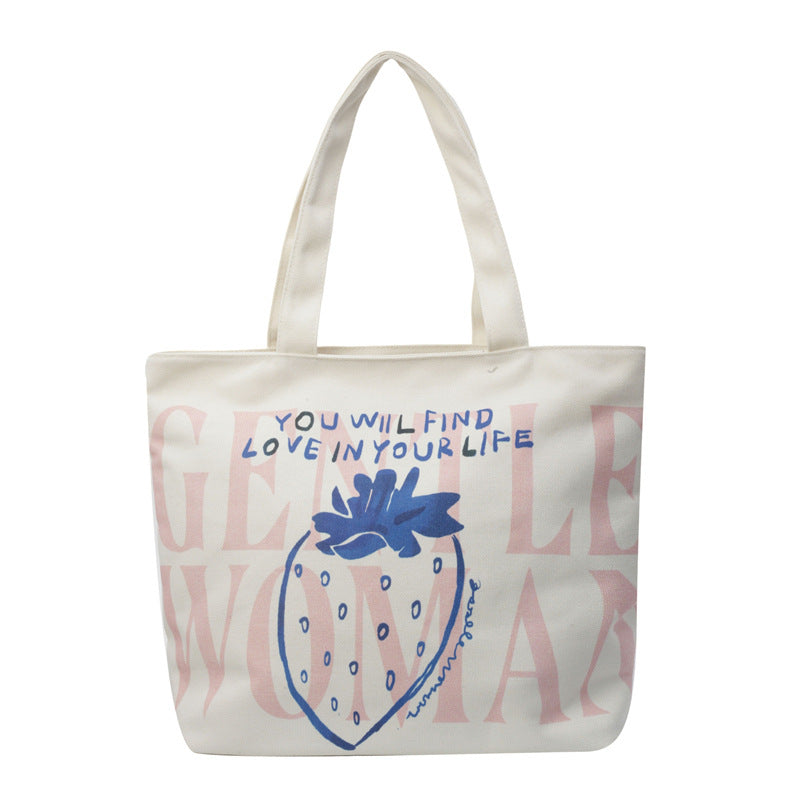 Letter canvas bag 2025 new strawberry print Gentle Woman shoulder bag commuting tote bag