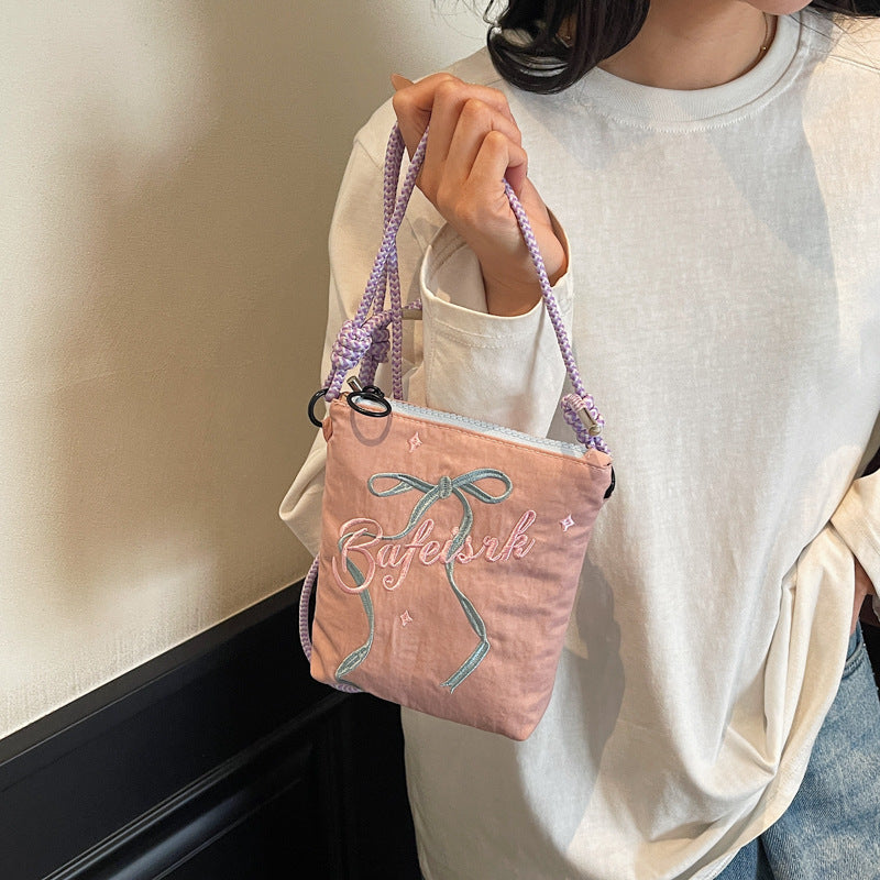 Niche design letter printed shoulder bag ballet style bow embroidered crossbody bag daily commuting small shoulder bag