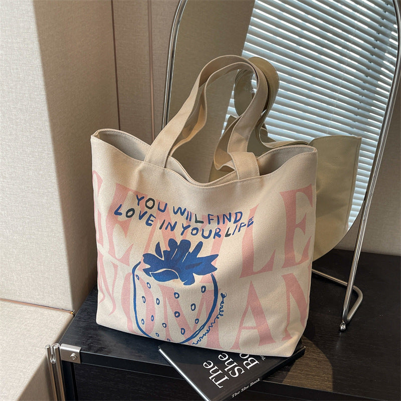 Letter canvas bag 2025 new strawberry print Gentle Woman shoulder bag commuting tote bag