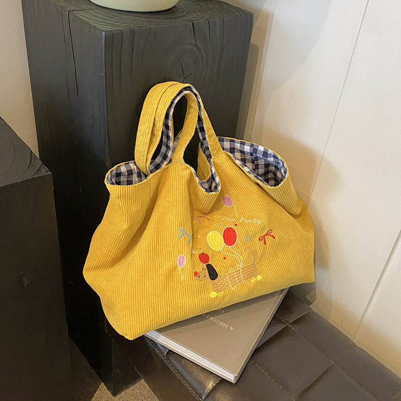 Self cute embroidered hand-held shoulder bag, large capacity tote bag, autumn and winter new corduroy plaid dual-use women's bag