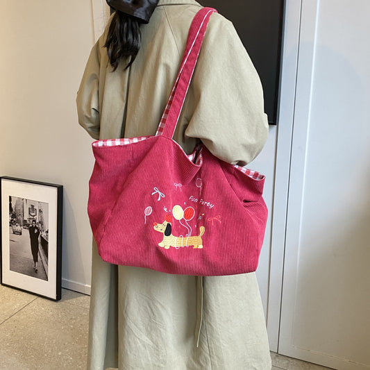 Self cute embroidered hand-held shoulder bag, large capacity tote bag, autumn and winter new corduroy plaid dual-use women's bag