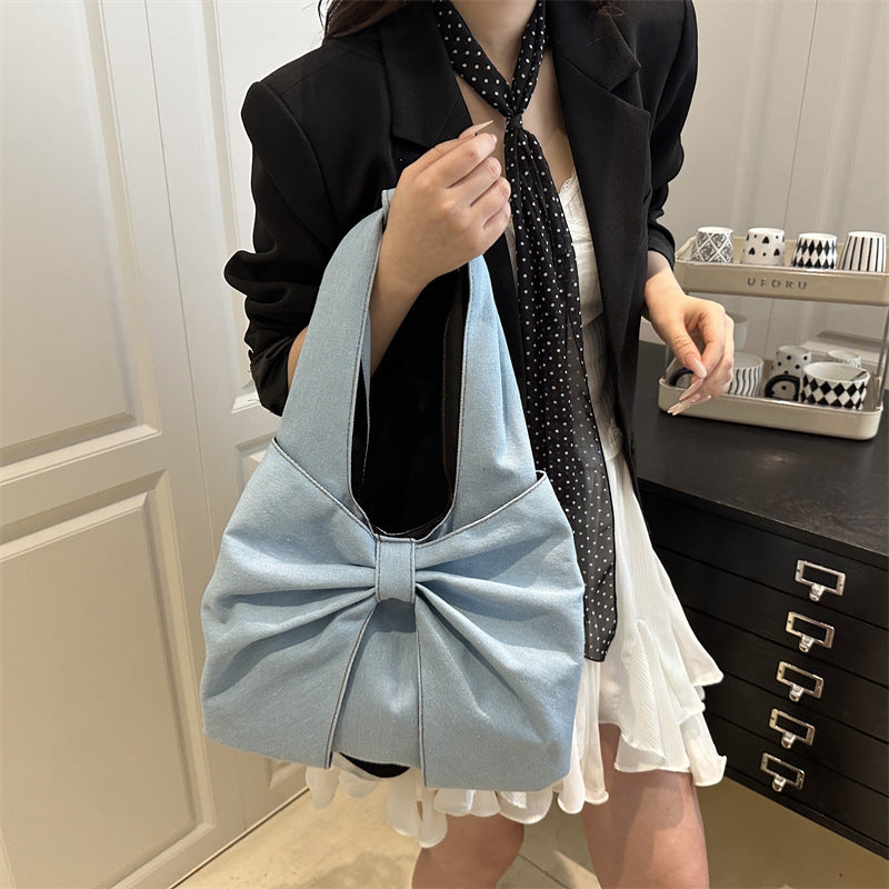 Simple Handheld Bow Bag Women's Bag 2025 New Denim Shoulder Bag Casual Underarm Bag