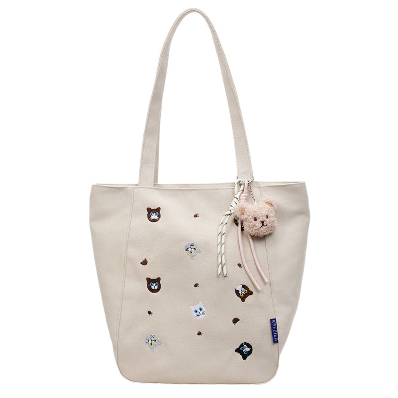 Embroidery cat high-end tote bag 2025 new artistic cute portable shoulder crossbody bag canvas bag